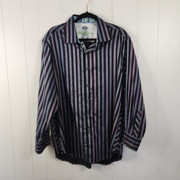 Robert Graham Other - Robert Graham Shirt Mens Size 2XL Long Sleeve Black Purple Stripe Paisley Cuffs